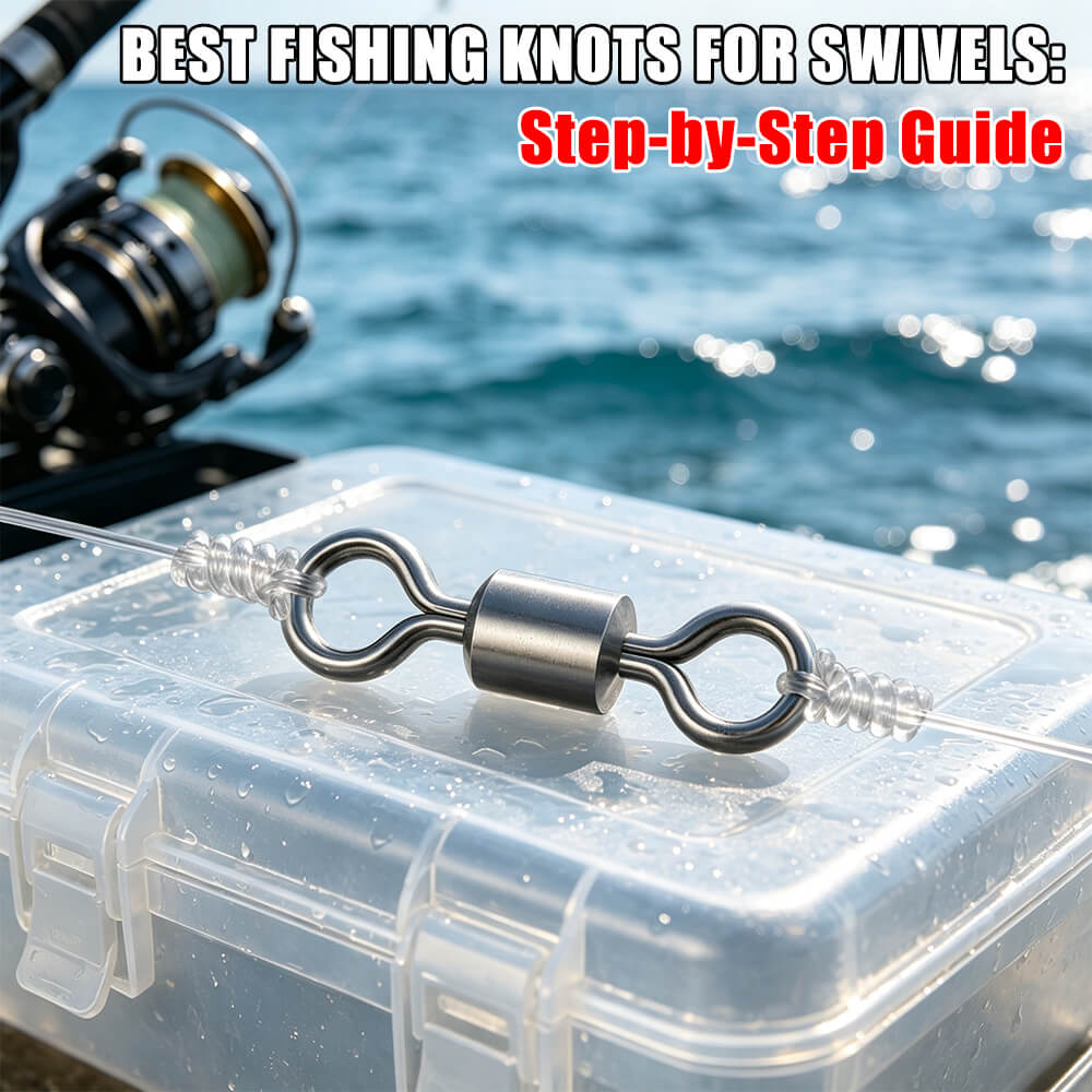 Fishing barrel swivel with line on tackle box, ocean background