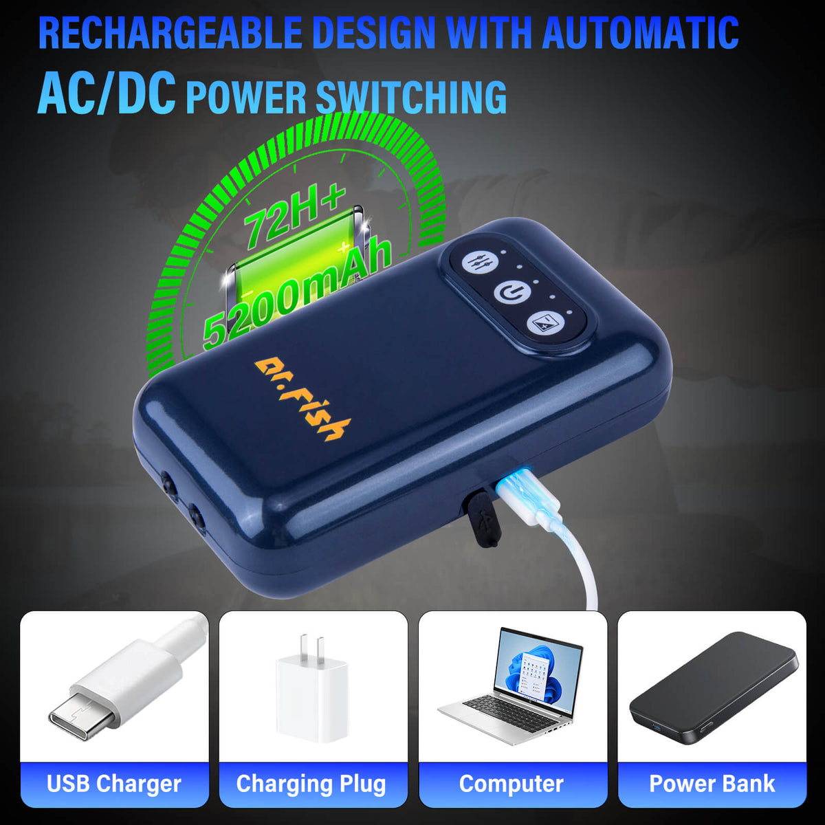 Dr.Fish Rechargeable Aquarium Air Pump 72H