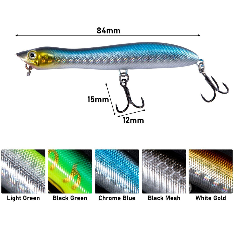 Dr.Fish 5pcs Topwater Lures Floating Pencil  Popper Lure 3.3‘â€?3.13oz - Dr.Fish Tackles