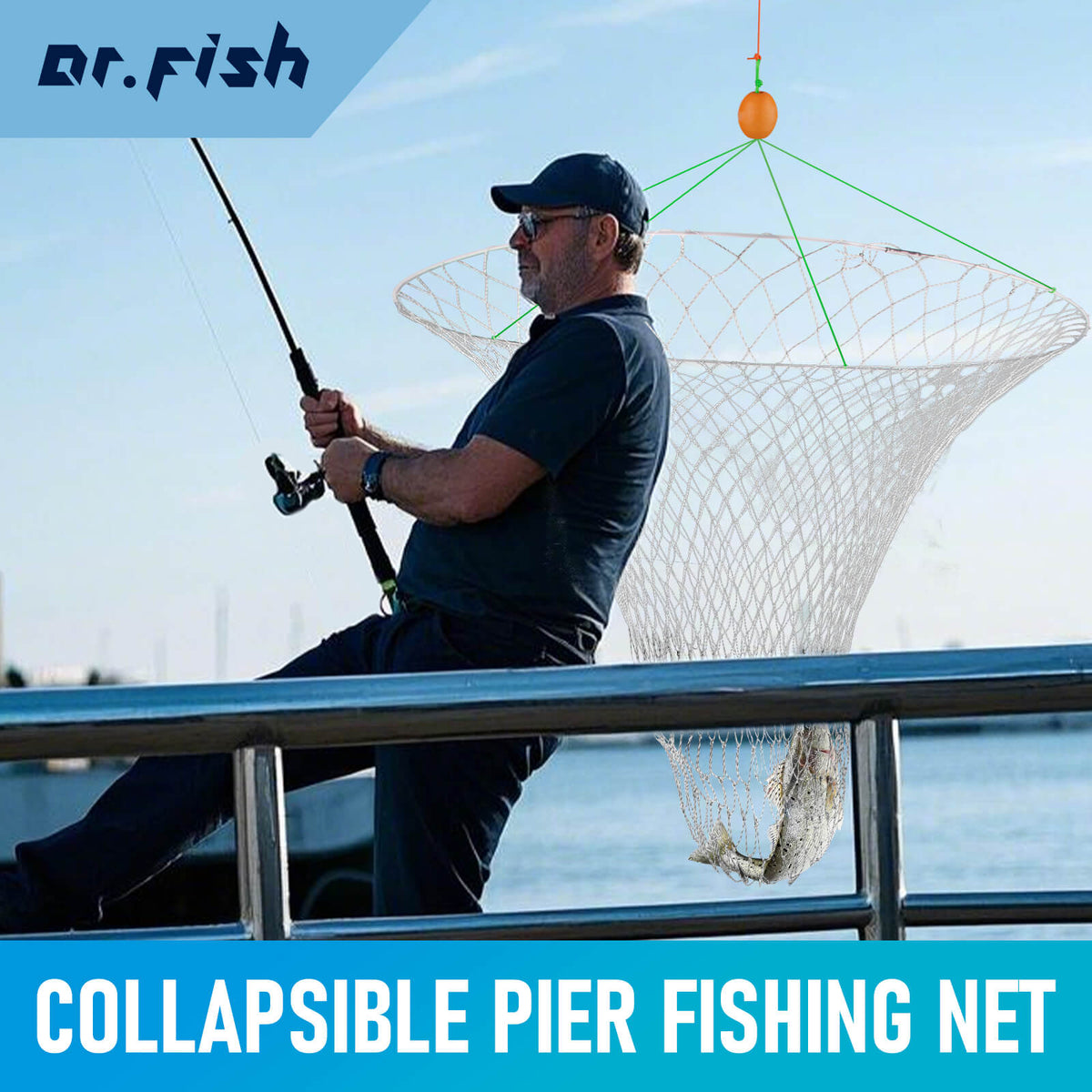 Dr.Fish Pier Fishing Net with Rope Collapsible 36''